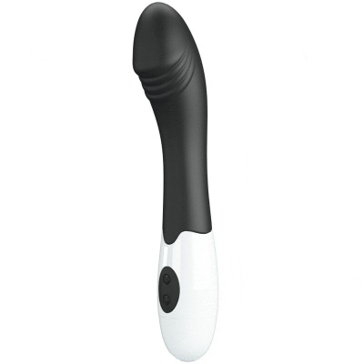 Vibrador preto e branco com dois botões pretos.