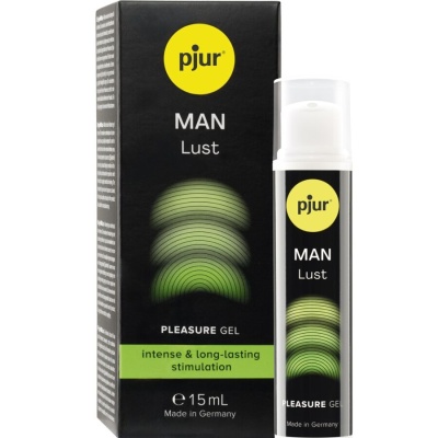 Gel de prazer pjur MAN Lust com embalagem preta e detalhes verdes e amarelos