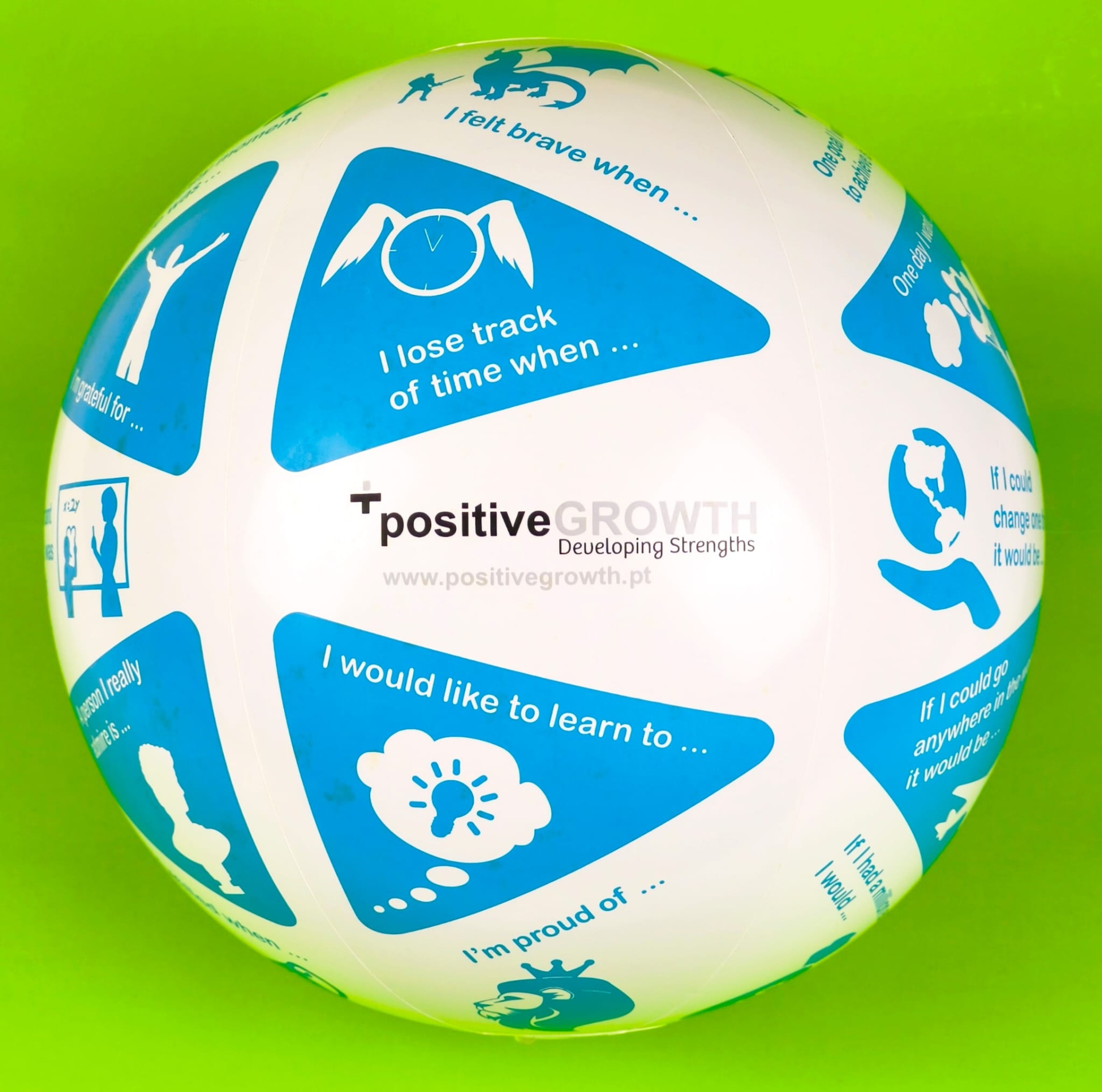 Happy Ball Bola branca e azul com textos motivacionais em inglês sobre fundo verde