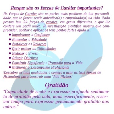 Texto em cores lilás, roxo e azul sobre forças de caráter e gratidão em português europeu