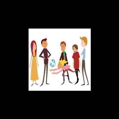 Ilustração de cinco pessoas em estilo cartoon com uma criança segurando uma bola azul e branca