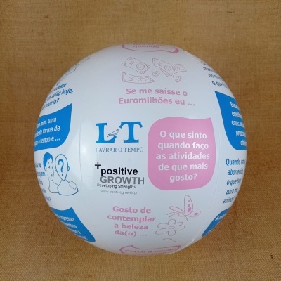 Balão branco com texto azul e rosa sobre atividades e sentimentos, colocado sobre superfície castanha.
