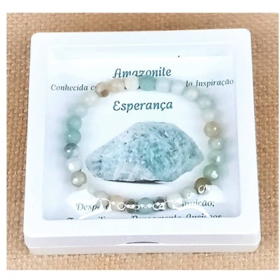 Pulseira de contas naturais verde branco embalagem branca com texto Amazonite Esperança