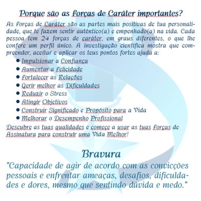 Cartaz explicativo sobre forças de caráter em português com texto em azul e preto