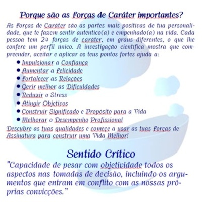 Página com texto em português sobre forças de carácter e sentido crítico num fundo branco com manchas azuis.