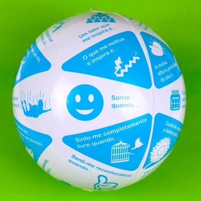 Bola branca com painéis azuis e textos em português sobre fundo verde