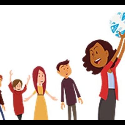 Ilustração de cinco pessoas, uma mulher segurando bola com padrões azuis.