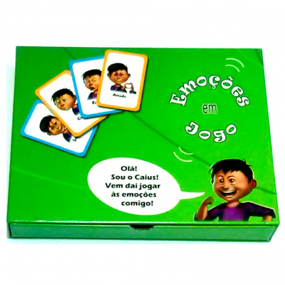 Jogo de cartas Emoções em Jogo com caixa verde e cartas com expressões faciais