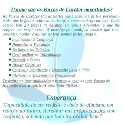 Página de texto em português sobre forças de caráter e esperança com palavras destacadas em cores e itálico