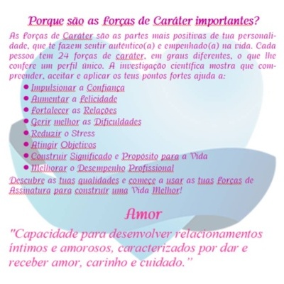 Texto colorido sobre forças de caráter com ilustração de coração azul claro