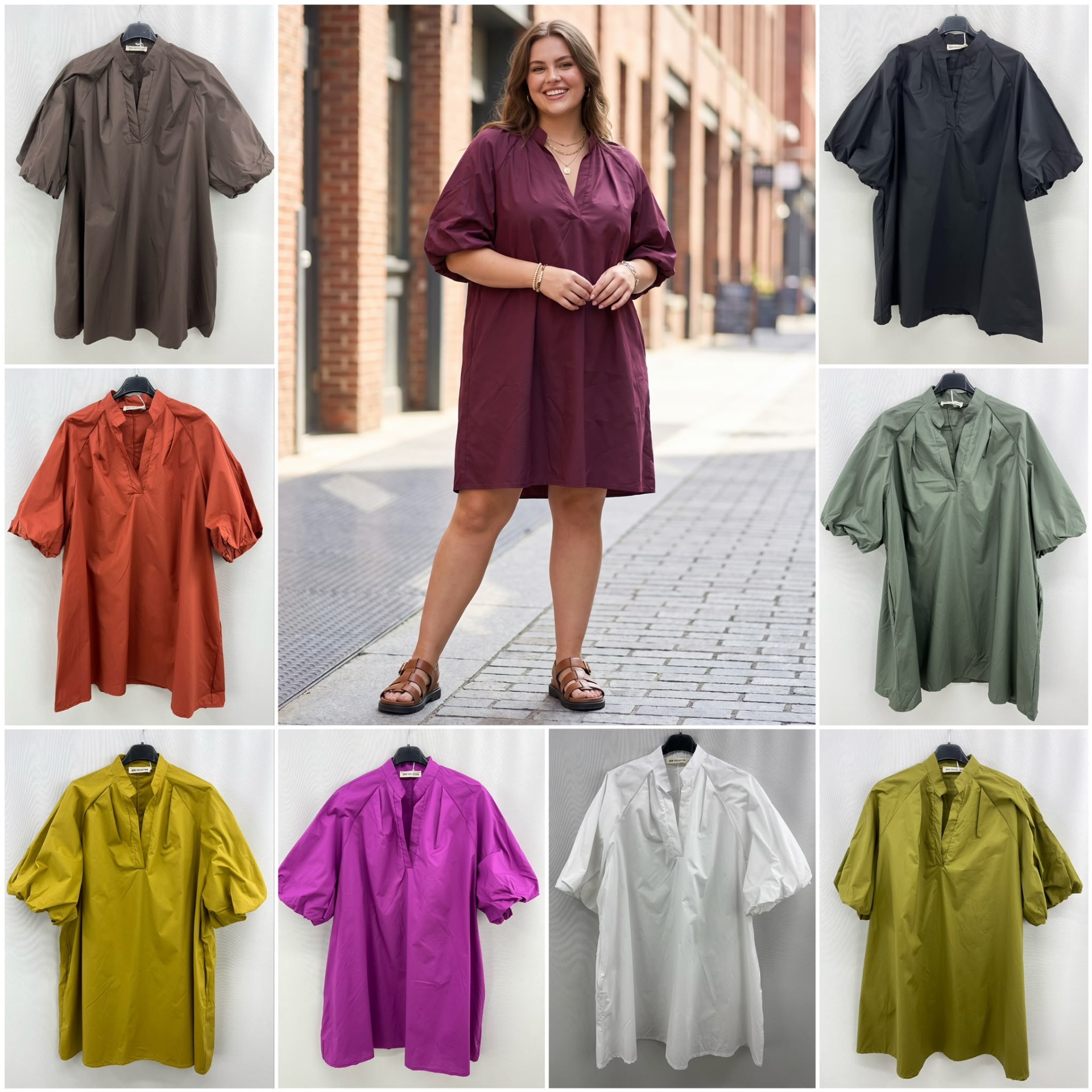 Vestido Lili Várias cores de vestidos com mangas bufantes expostos em cabides e um vestido vinho com modelo a sorrir na rua.