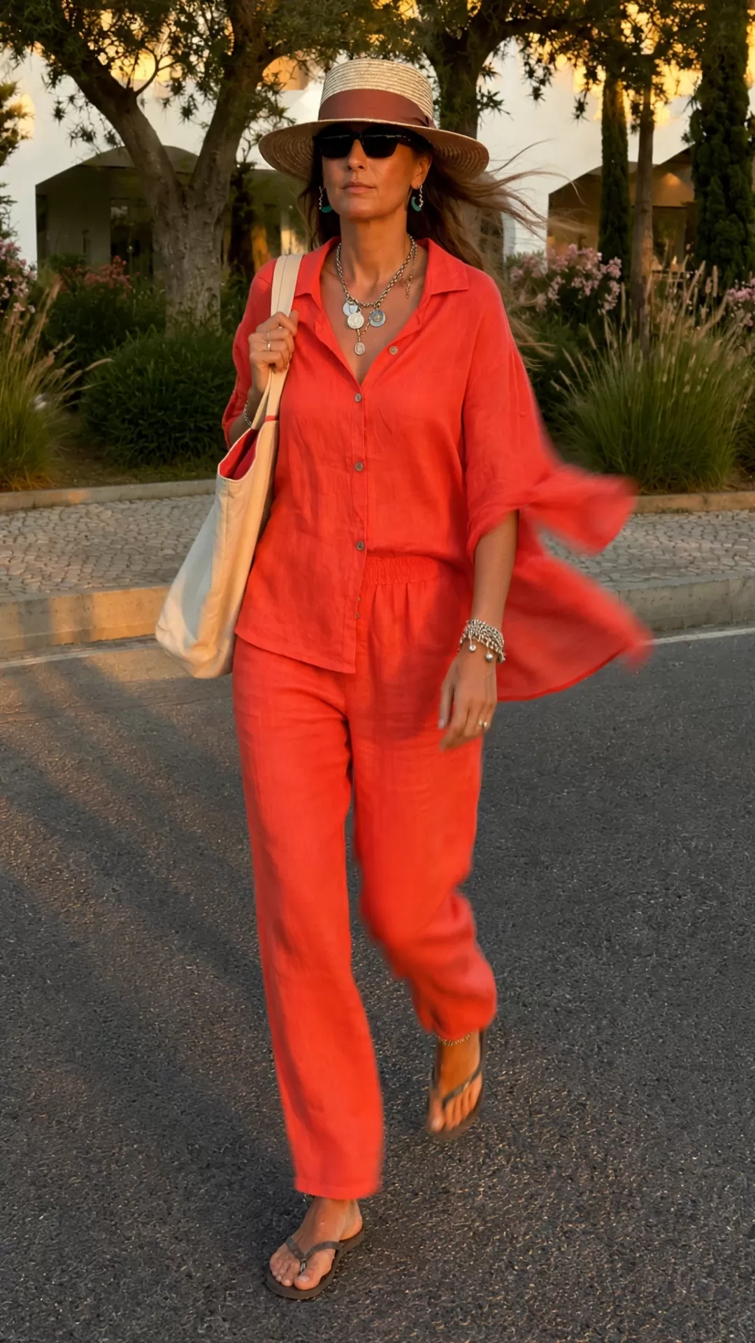 Conjunto Linho Summer Mulher com conjunto vermelho de linho, chapéu de palha, acessórios e tote bag creme a caminhar na rua.