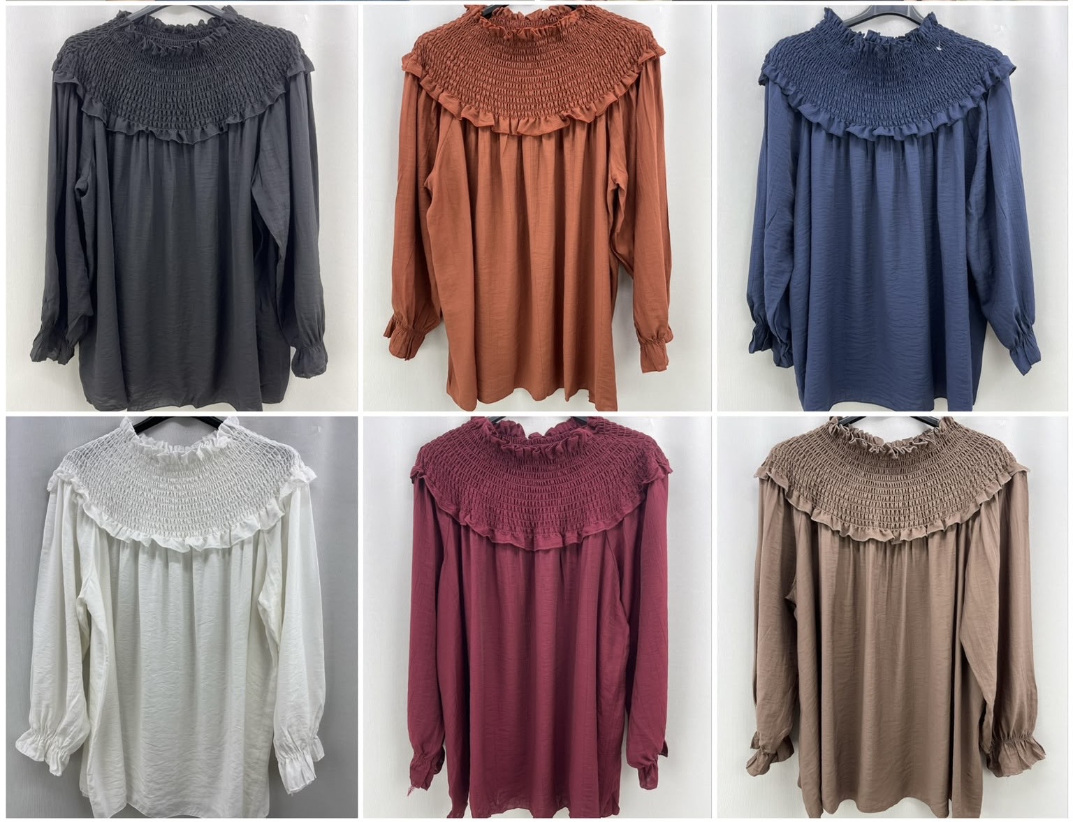 Blusa 2 em 1 Seis blusas de manga comprida com gola franzida em diversas cores penduradas em cabides