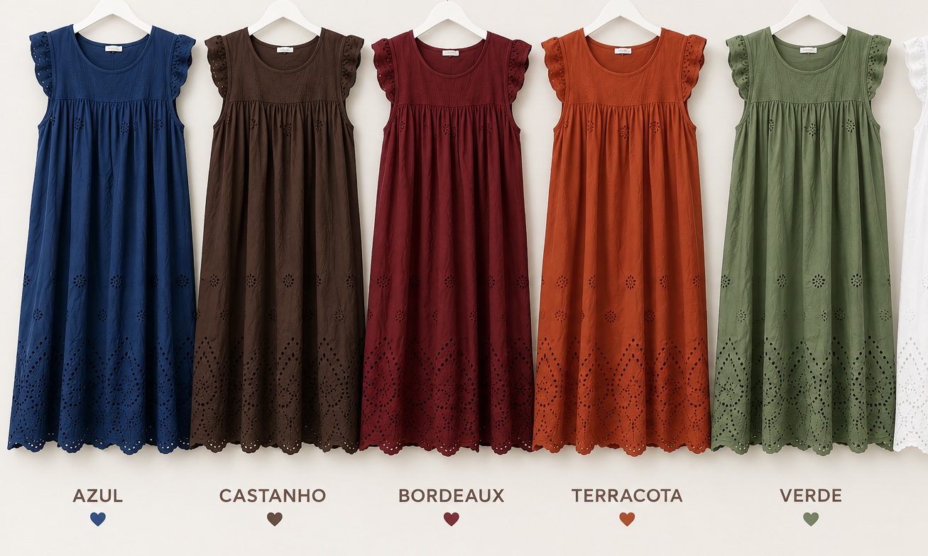 Vestido Encanto Vestidos bordados pendurados com nomes das cores em português
