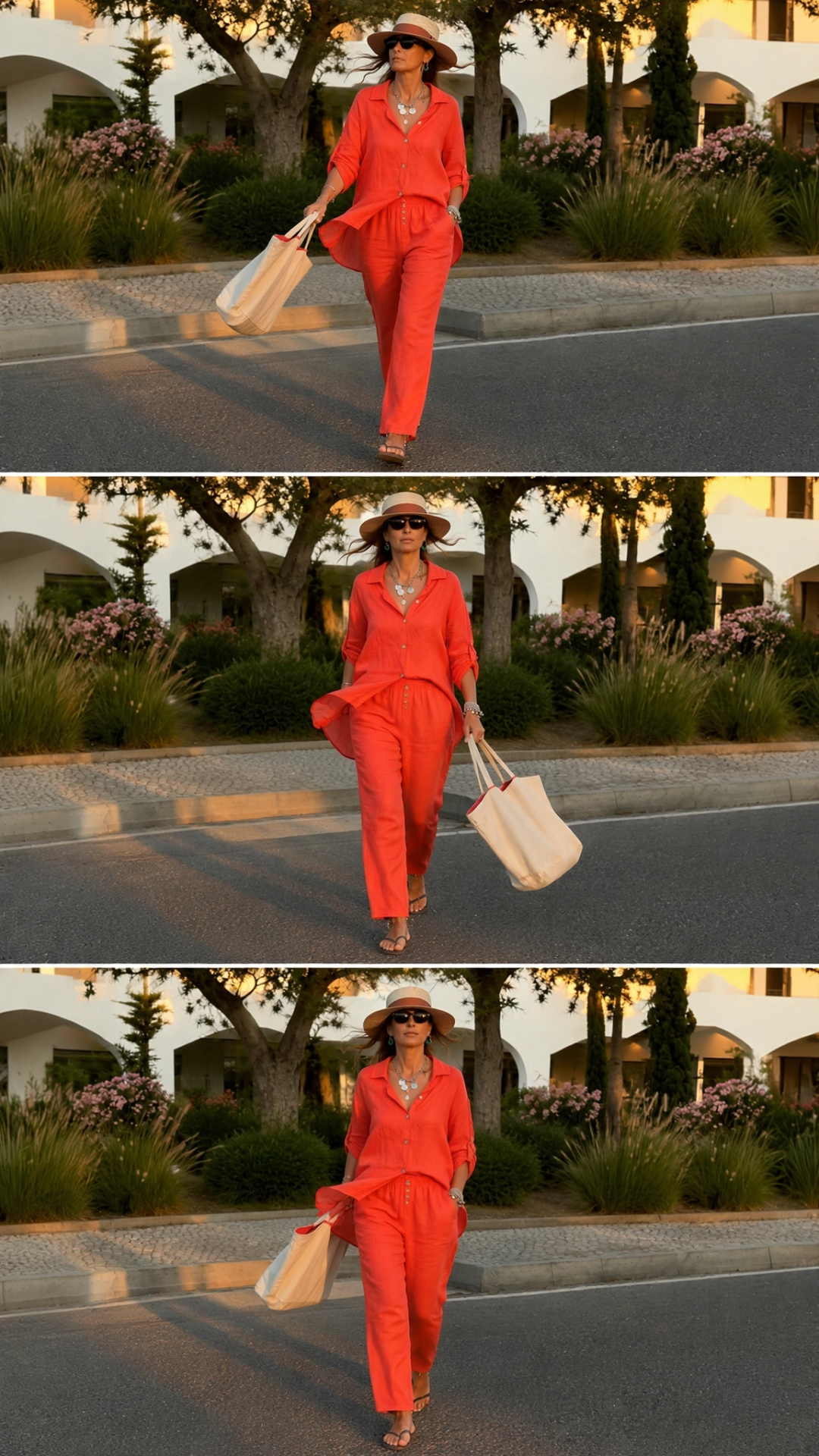 Conjunto Linho Summer Mulher de camisa e calças vermelhas de linho, chapéu bege, óculos escuros, colar e pulseira a caminhar na rua com bolsa de tecido bege.