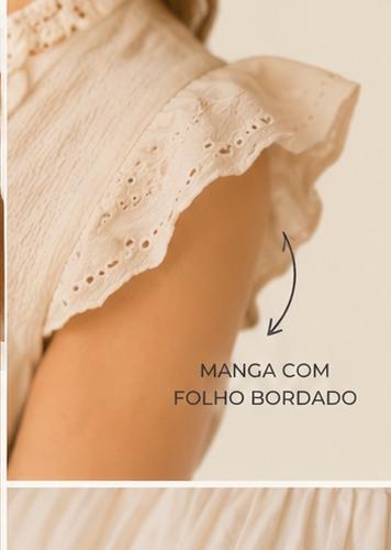 Vestido Encanto Manga curta creme com folho bordado detalhado
