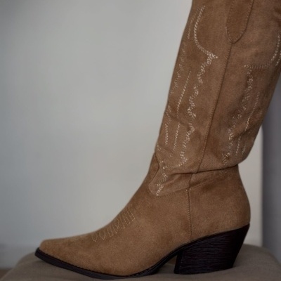 Bota bege de camurça com salto e bordado