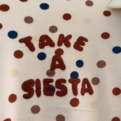 tecido branco com bolinhas coloridas e texto TAKE A SIESTA bordado