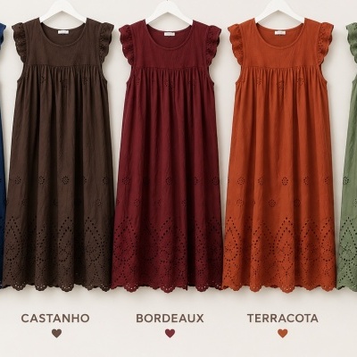 Vestidos bordados pendurados com nomes das cores em português