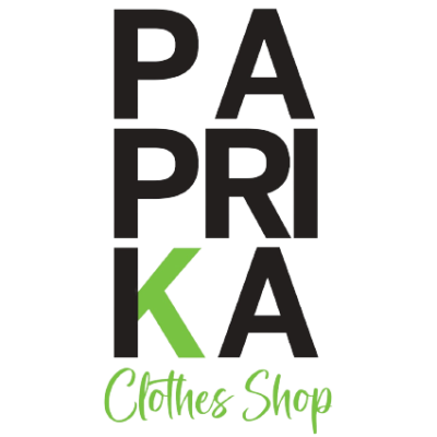 Logotipo da loja PAPRIKA Clothes Shop com texto em preto e verde