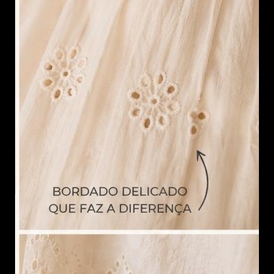 Tecido bege com bordados delicados em padrão floral e texto BORDADO DELICADO QUE FAZ A DIFERENÇA.