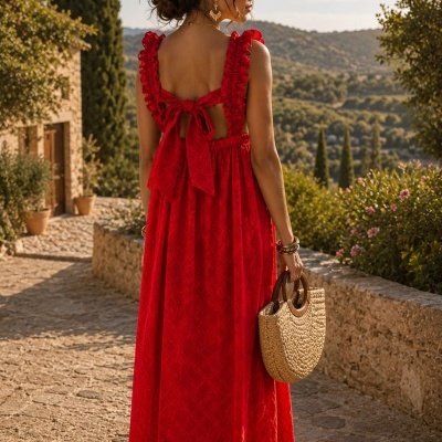 Vestido vermelho comprido com laço nas costas e alças folhadas, bolsa de fibra natural e cenário ao ar livre