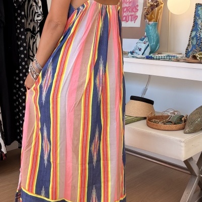 Vestido longo listrado colorido feminino com alças finas