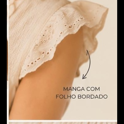 Manga curta creme com folho bordado detalhado