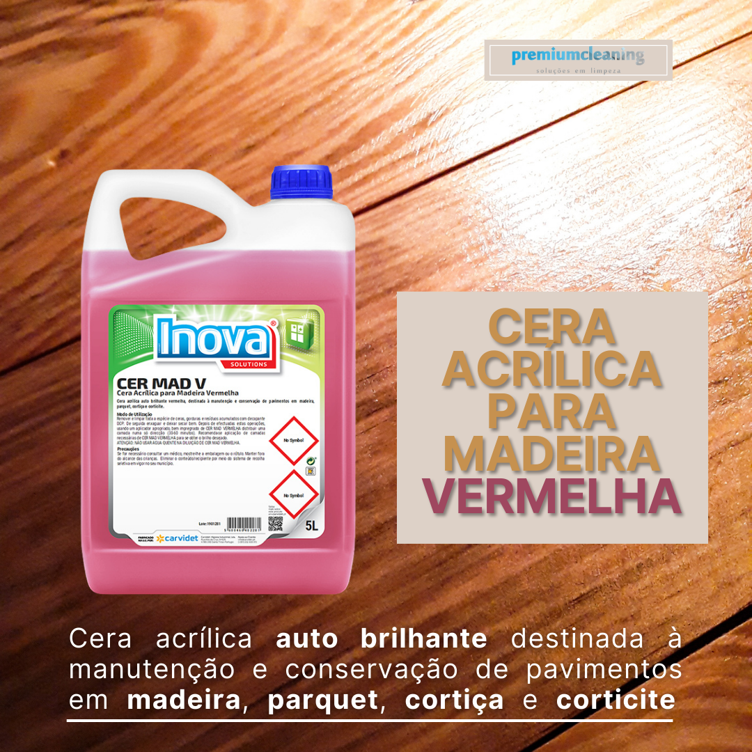 Cera Acrílica para Madeiras Vermelha 5L Garrafão de cera acrílica vermelha Inova com texto explicativo em fundo castanho