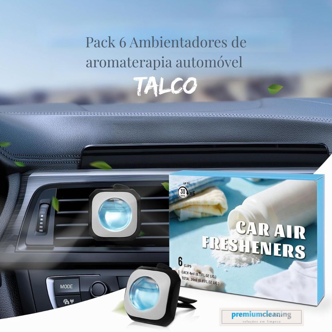 Pack 6 Ambientadores de aromaterapia automóvel TALCO 4 ml Ambientadores automóvel em clips pretos com detalhe azul e embalagem com texto em inglês