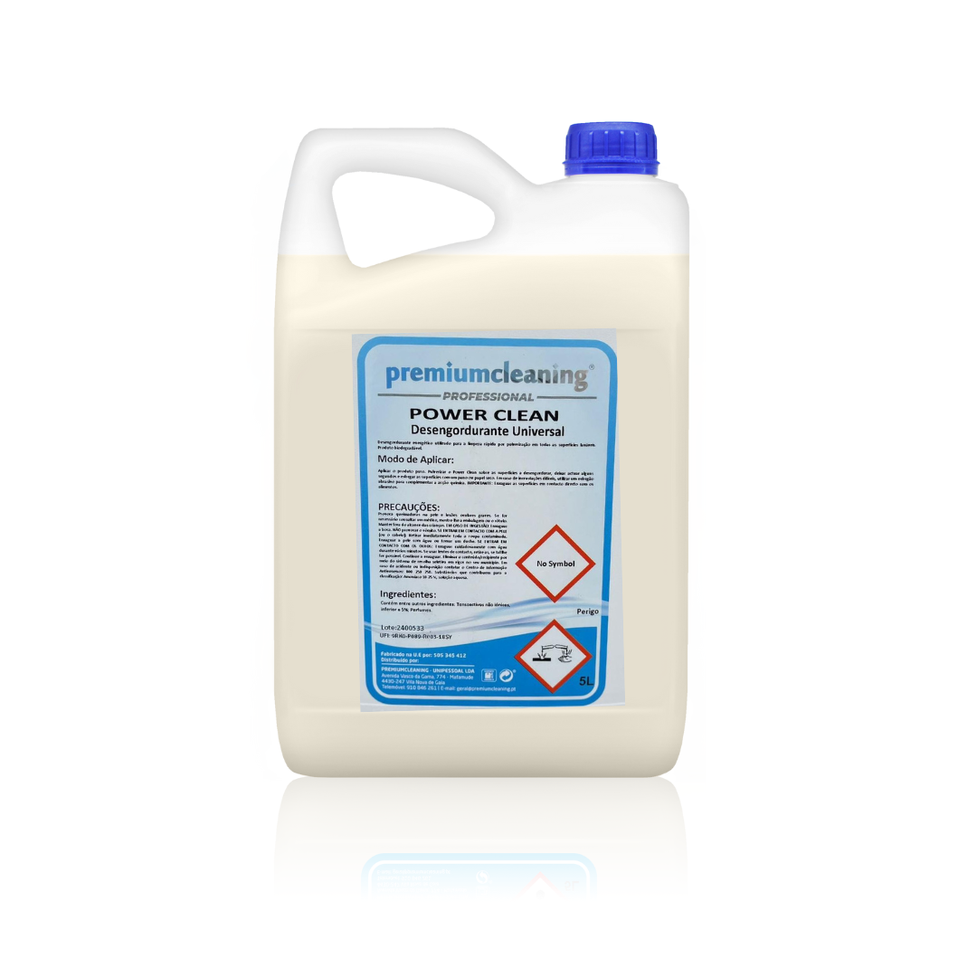 POWER CLEAN 5L – Desengordurante Universal Recipiente plástico branco com detergente desengordurante universal e rótulo azul