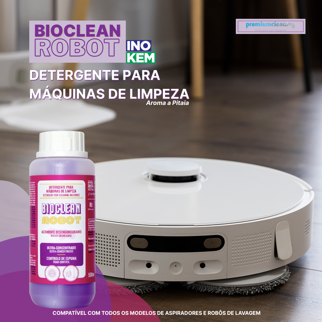 BIOCLEAN ROBOT 500ml INOKEM Detergente para máquinas de limpeza Detergente Bioclean Robot para máquinas de limpeza junto a um aspirador robô branco numa superfície de madeira