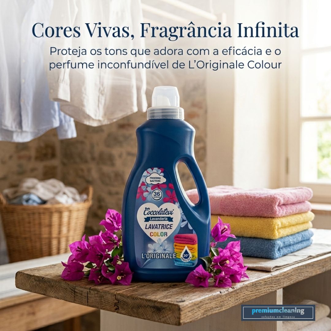 L'ORIGINALE Colour |Detergente para roupa de cor 1800ml 36D Coccolatevi Frasco azul de detergente para roupa com flores roxas e toalhas coloridas numa mesa de madeira