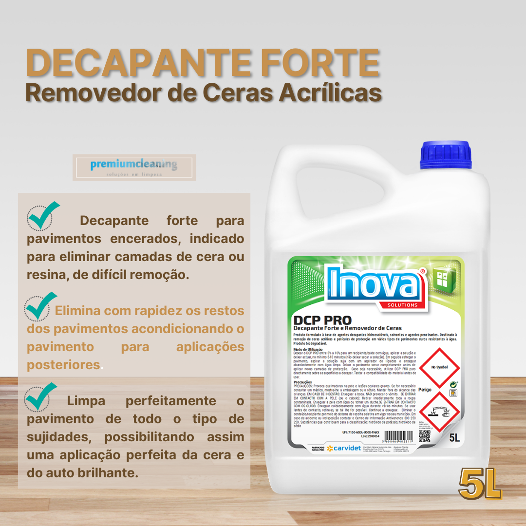 DCP PRO Decapante Forte e Removedor de Ceras Acrílicas 5L Recipiente branco de 5 litros de decapante forte para remover cera acrílica INOVA DCP PRO com tampa azul