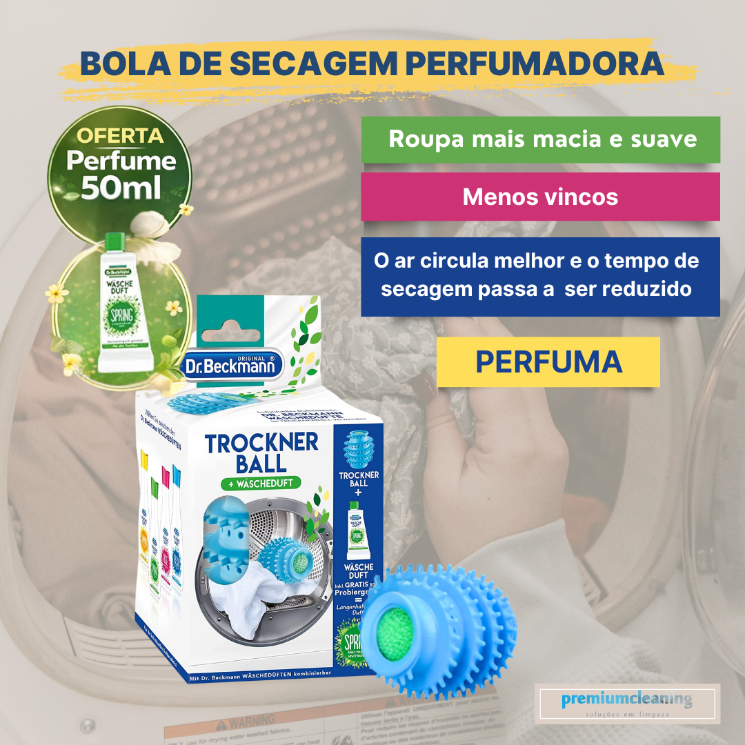 Bola de Secagem Perfumadora + Fragrancia de 50ml Dr. Beckmann Embalagem do produto Trockner Ball com bola azul e frasco de perfume 50ml