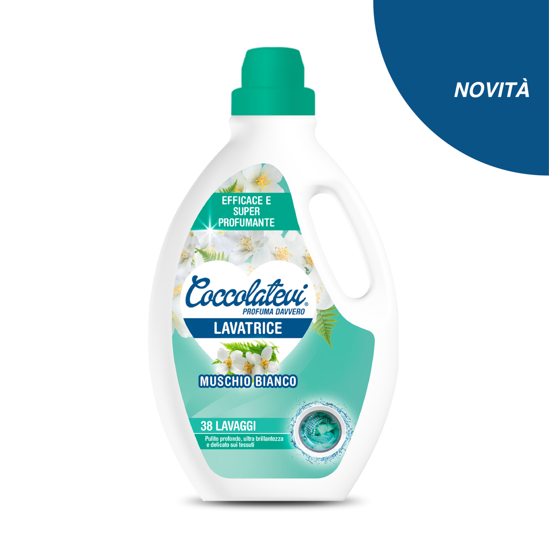 Detergente de Roupa 38D 1520ml Almíscar Branco Frasco branco de detergente Coccolatevi com tampa verde e rótulo floral