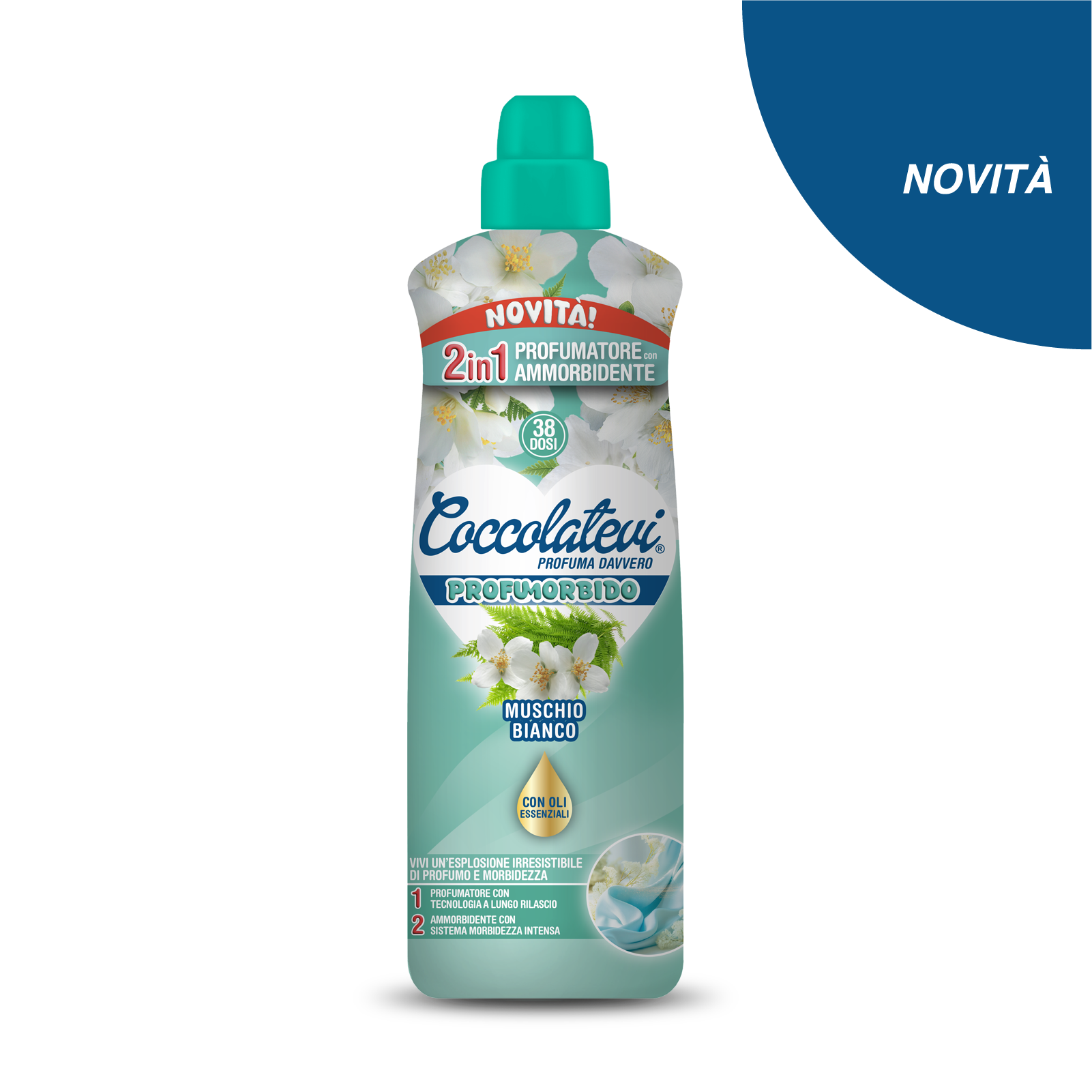 2em1 Perfume e Amaciador 38D 760ml Almíscar Branco PERFUMORBID Coccolatevi Frasco de amaciante e perfume para roupa Coccolatevi com flores brancas no rótulo