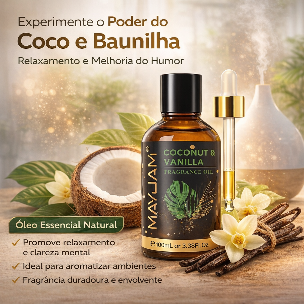 Óleo essencial 100ml Coco e Baunilha Frasco de óleo essencial coconut & vanilla com gotas, coco partido, flores e vagens de baunilha numa mesa de madeira