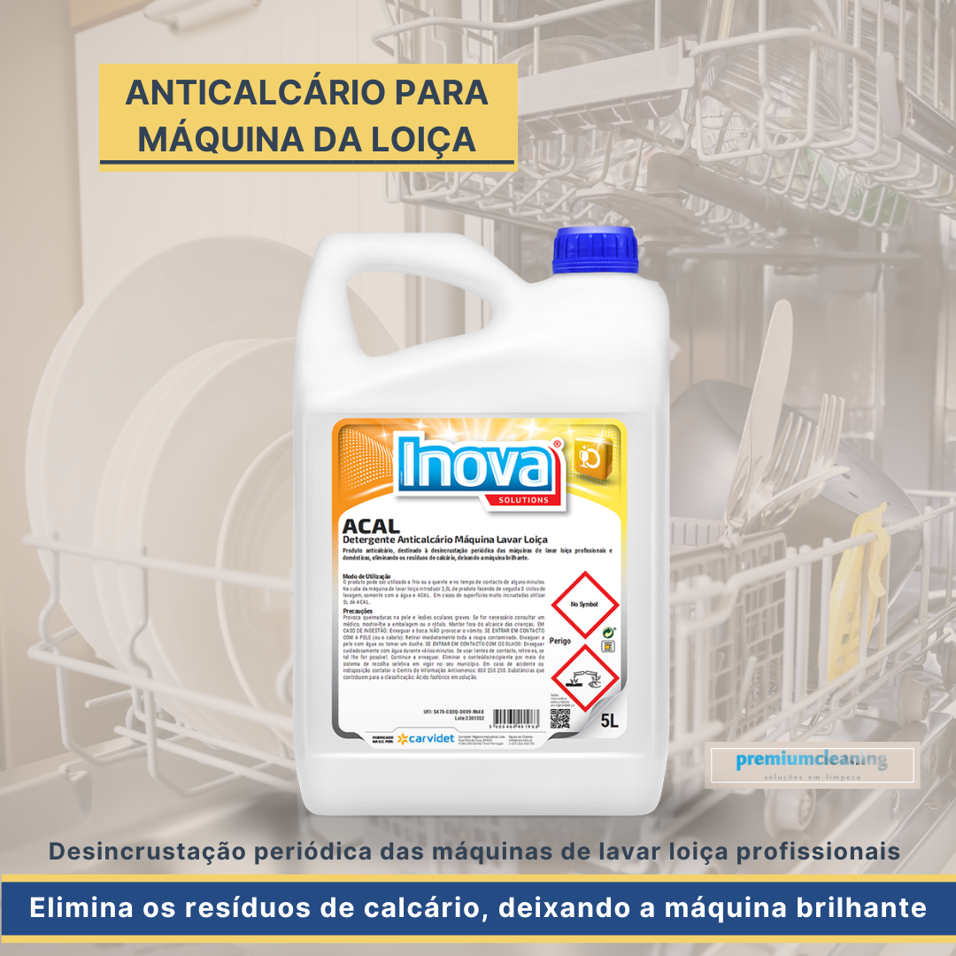 ACAL Detergente Anticalcário Máquina de Lavar Loiça 5L Recipiente branco de 5 litros com tampa azul de produto anticálcario para máquina da loiça Inova