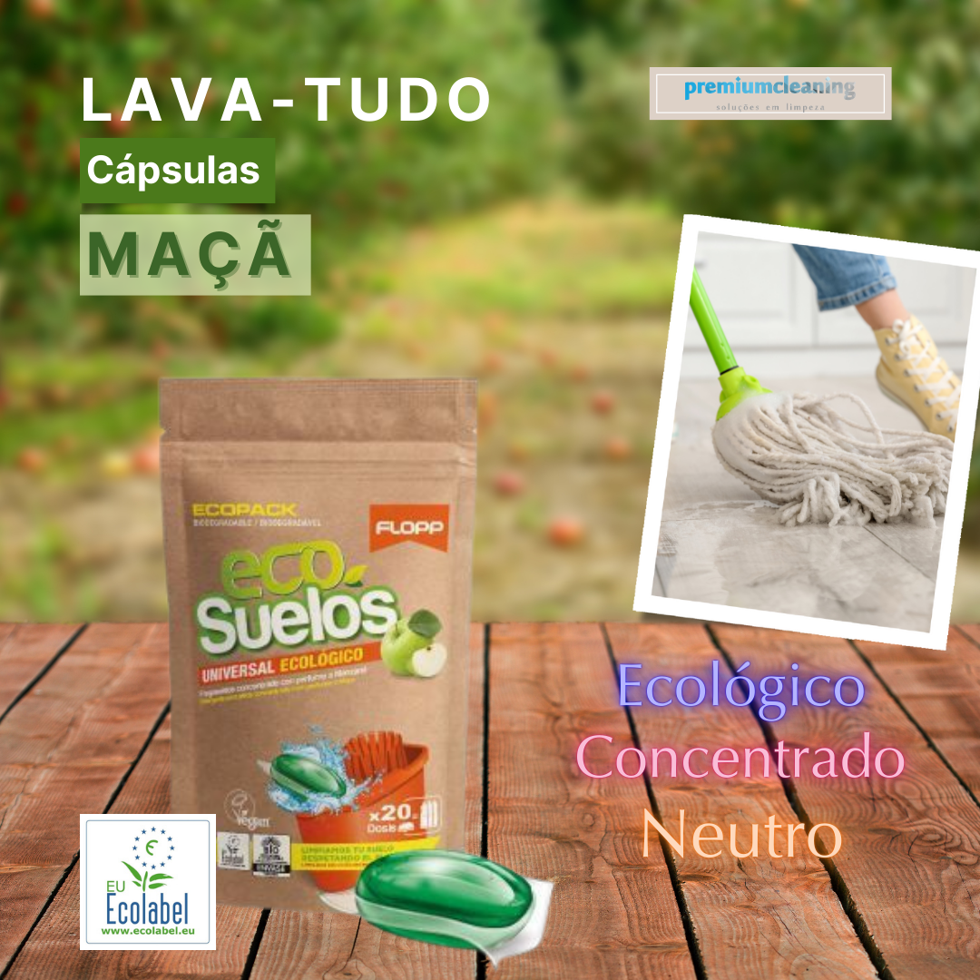 Lava Tudo Maçã em Cápsulas |Ecológico |Concentrado 20 caps. FLOPP Cápsulas de lava-tudo ecológicas com embalagem marrom e foto de esfregão a limpar chão em fundo de madeira.