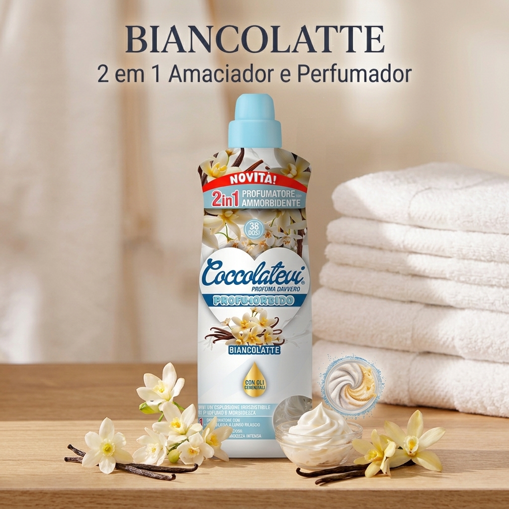 2em1 Amaciador e Perfumador 38D 760ml BIANCOLATTE PERFUMORBID Coccolatevi Frasco de amaciador Coccolatevi Biancolatte 2 em 1 com flores e vagens de baunilha numa mesa com toalhas empilhadas ao fundo.