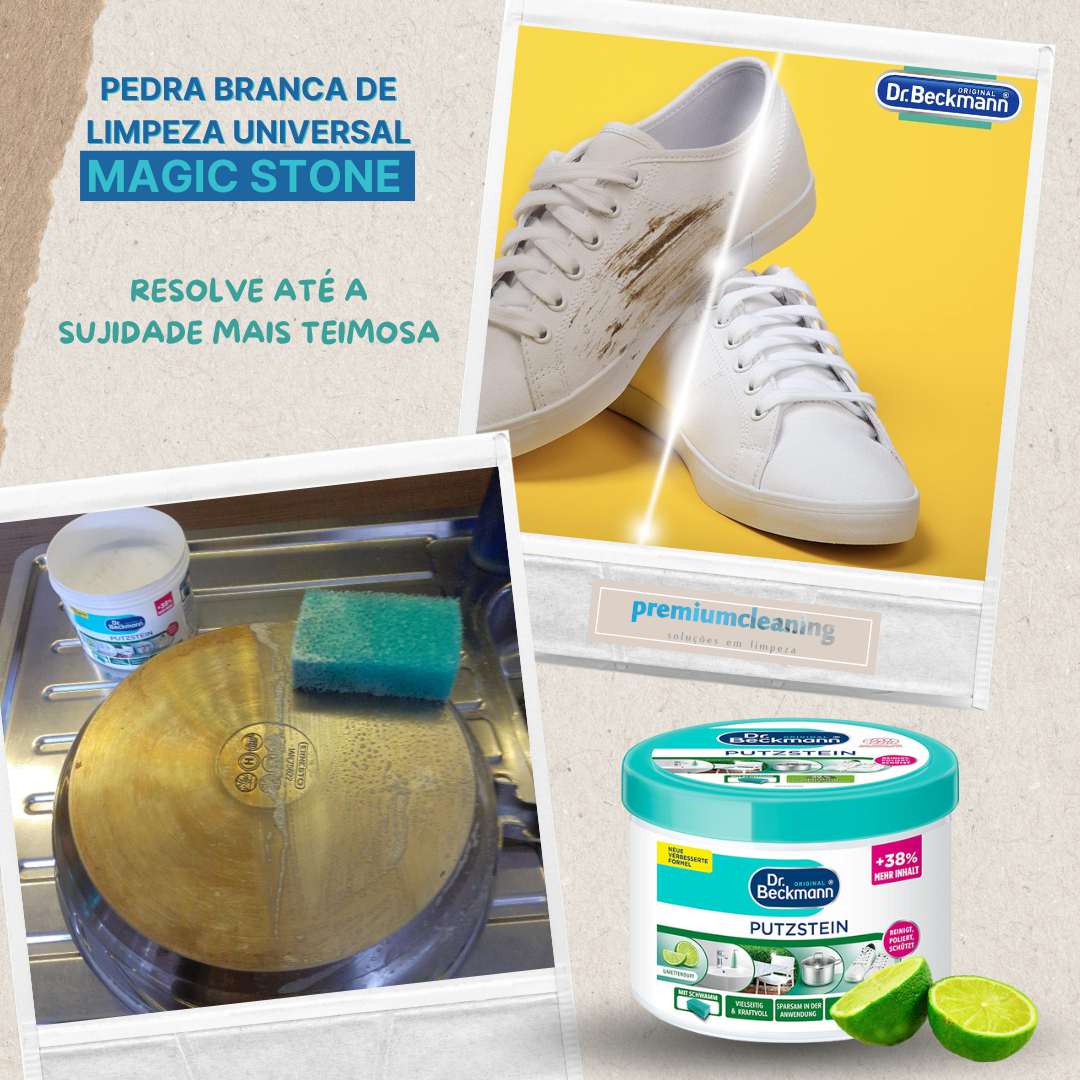MAGIC STONE Pedra Branca de Limpeza Universal 550g |Esponja Incluída |Dr.Beckmann Produto de limpeza Magic Stone Dr. Beckmann com tênis brancos manchados e esponja ao lado