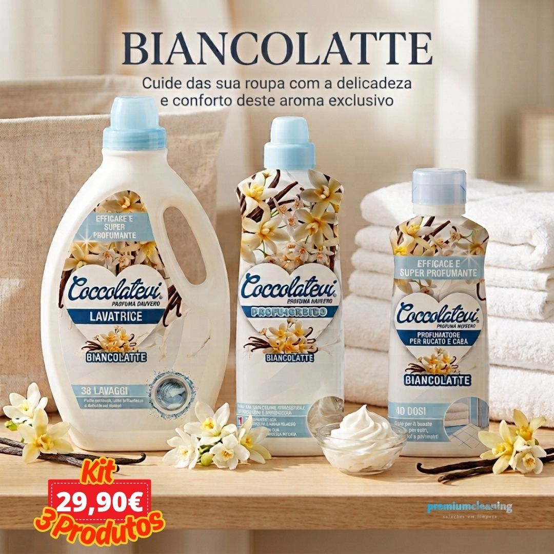 kit de lavandaria BIANCOLATTE Produtos Coccolateu Biancolatte para roupa com embalagens brancas e azuis e flores ao redor