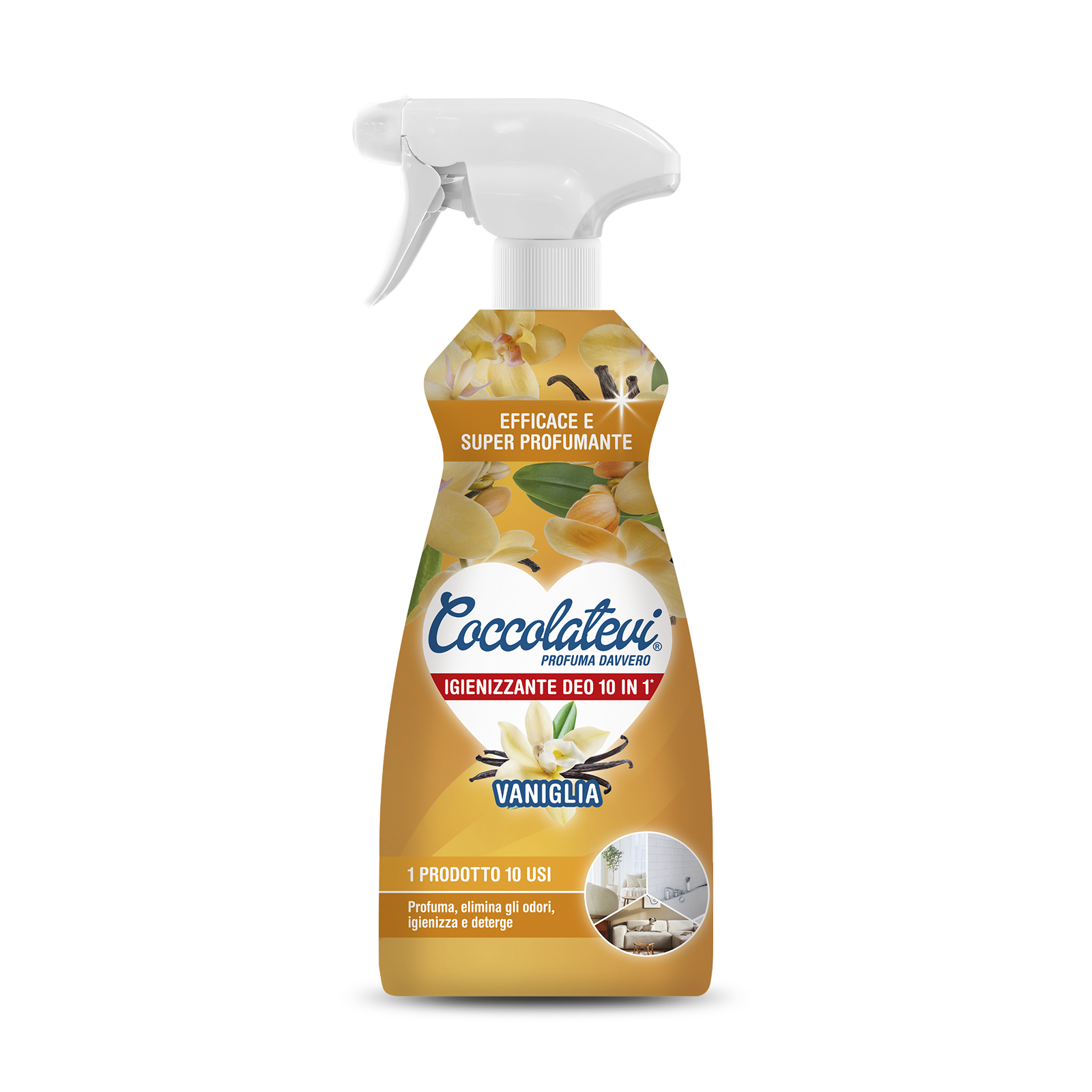 BAUNILHA Deo 500ml 10em1 Multisuperficies Higienizante, Ambientador e Removedor de odores Frasco de spray higienizador com aroma a baunilha e etiquetas amarelas e brancas