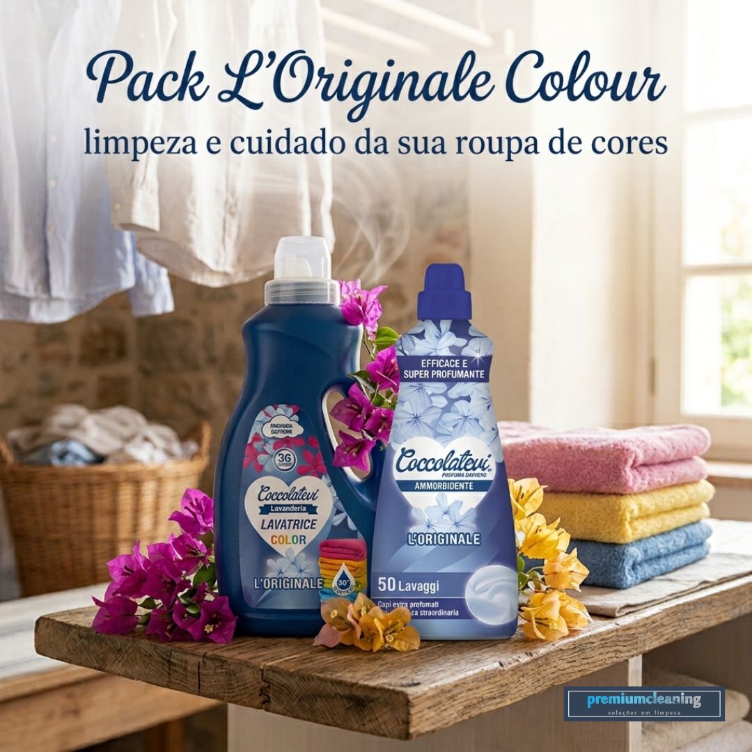 Pack L'ORIGINALE Colour Detergente e Amaciador Frascos de detergente e amaciador Coccolatevi com flores e toalhas coloridas numa mesa de madeira