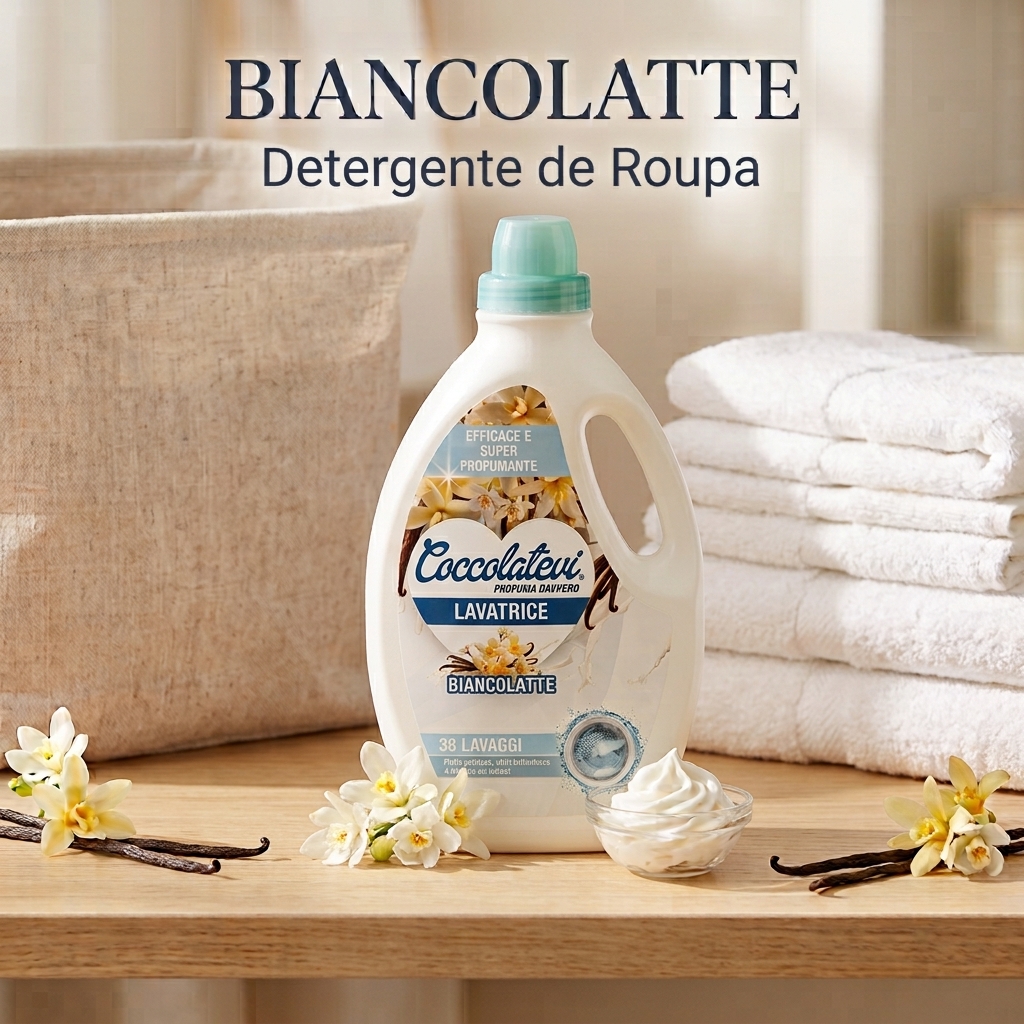 Detergente de Roupa 38D 1520ml BIANCOLATTE Frasco de detergente de roupa branco com tampa verde e flores ao redor sobre mesa de madeira.