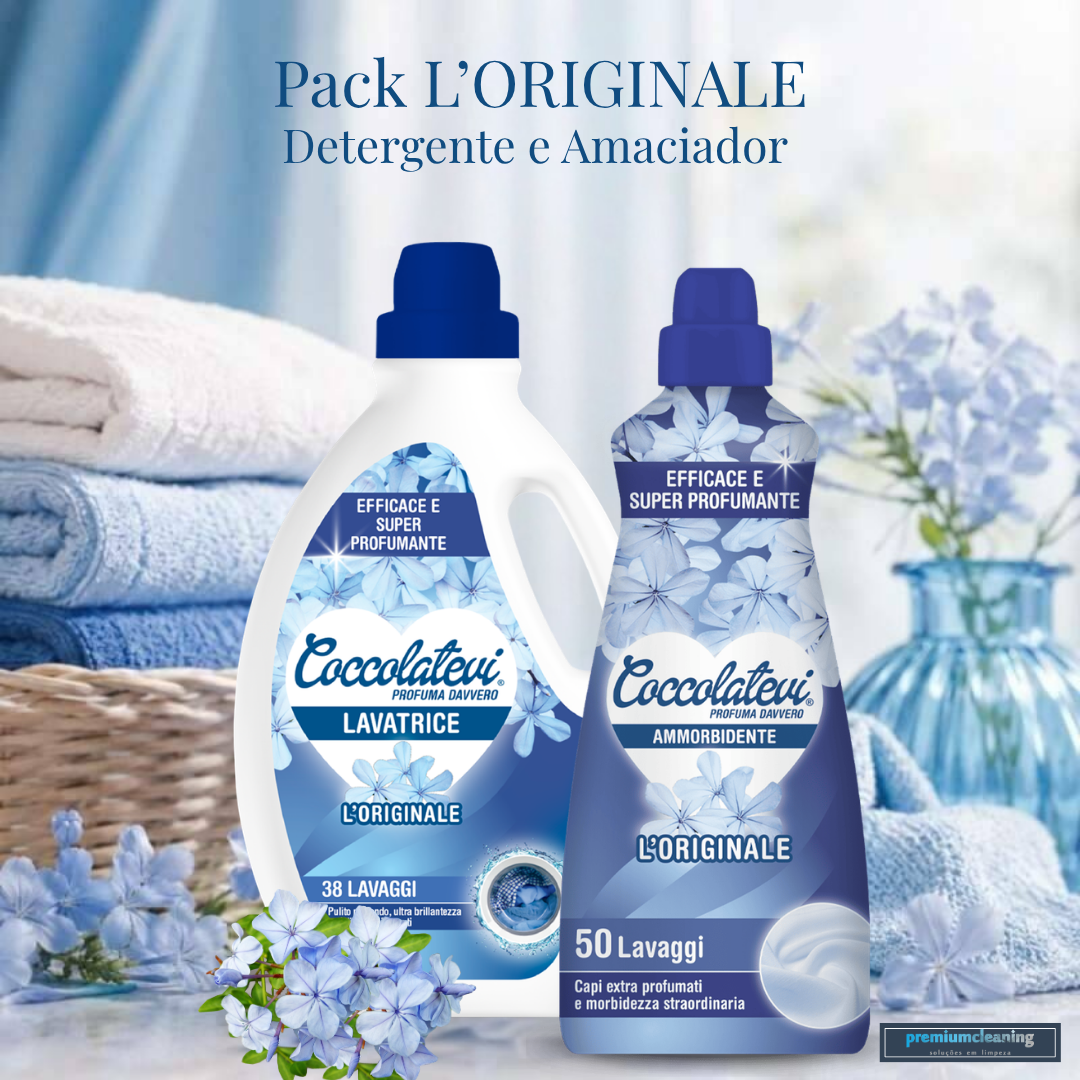 Pack L'ORIGINALE Colour Detergente e Amaciador Embalagens de detergente e amaciador azuis e brancas com flores azuis e texto em italiano