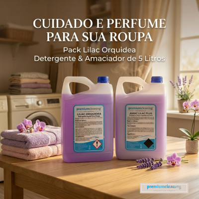 Garrafões de detergente e amaciador lilás de 5 litros com toalhas lilases e flores orquídea e lavanda numa lavandaria