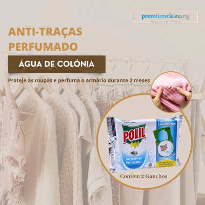 Produtos anti-traças perfumados POLIL em embalagem azul e branca, pendurados junto a roupas num armário.
