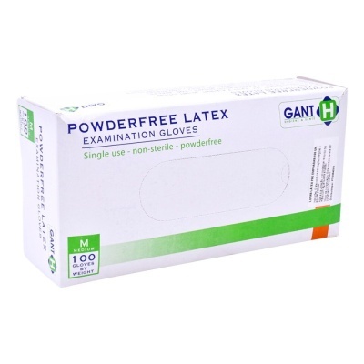 Caixa branca e verde de luvas de exame em látex sem pó tamanho médio